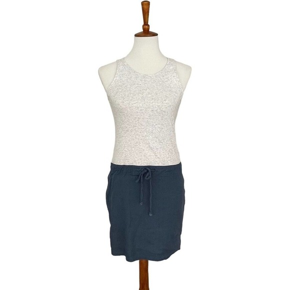 Monrow Dresses & Skirts - 🍀Monrow Grey & Blue Ribbed Contrast Drawstring Waist Linen Tank Dress Size XS